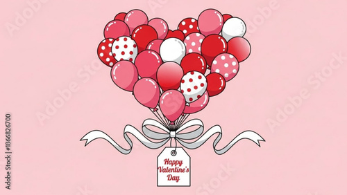 A heart-shaped cluster of red and pink balloons tied with a white ribbon and a Happy Valentine's Day tag