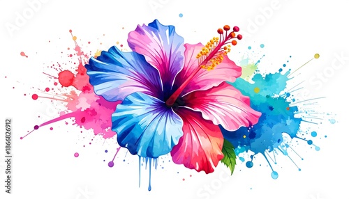 Vibrant Watercolor Hibiscus Flower with Colorful Splashes.
