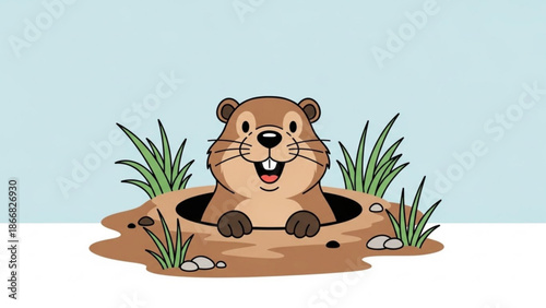 A cartoon groundhog peeking out of its burrow with a cheerful expression