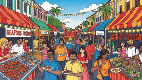 A vibrant illustration of a bustling outdoor market with people enjoying food and drinks under colorful awnings