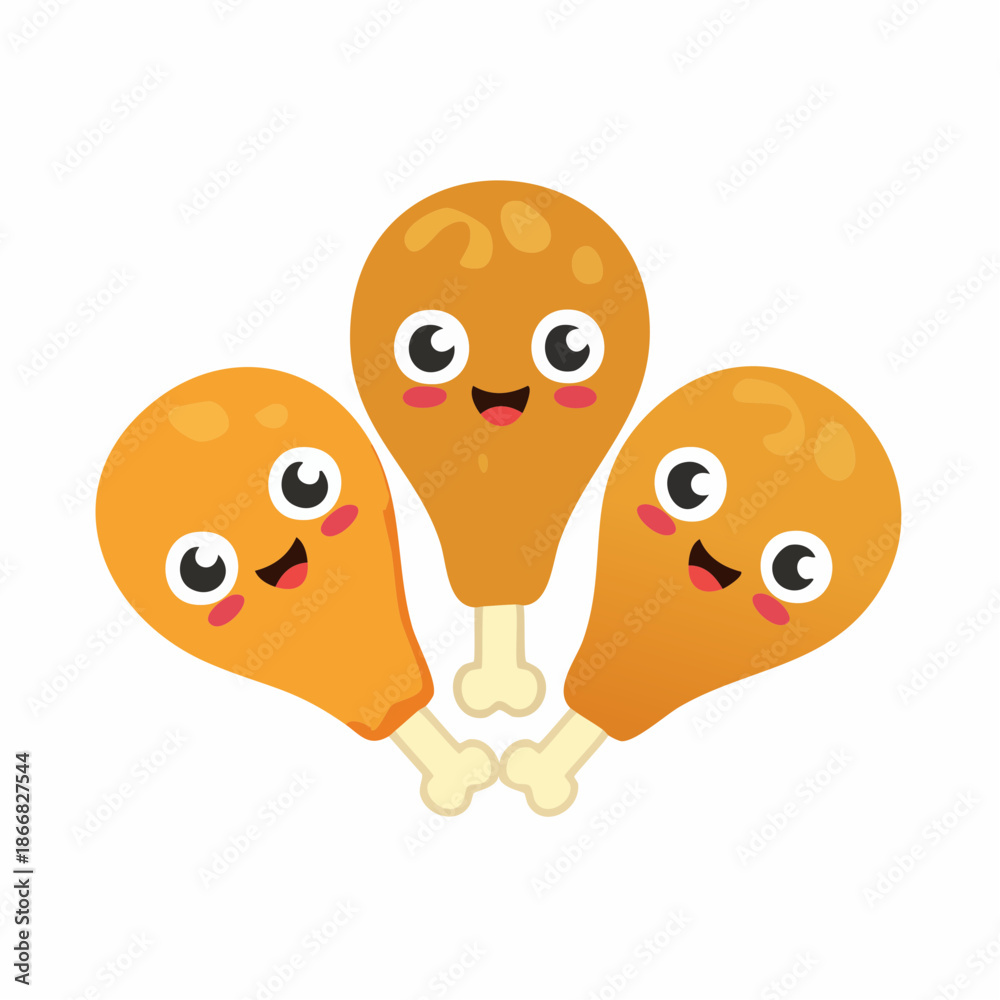 Obraz premium Cute vector cartoon of crispy fried chicken leg with funny expression, kawaii fast food mascot, happy emoticon and sticker design element