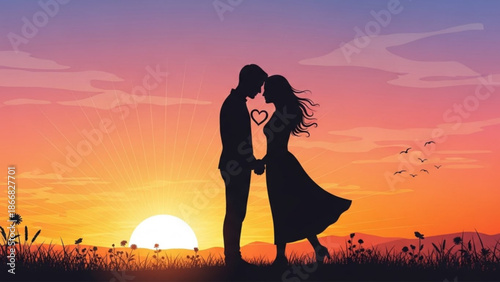 A romantic vector illustration of a couple kissing at sunset with a heart symbol between them