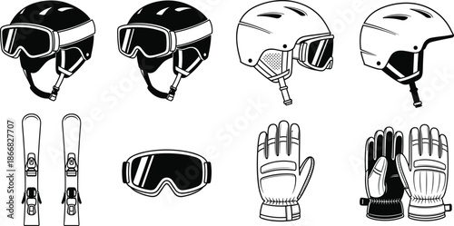 Winter sports gear silhouettes, ski helmets goggles gloves skis, alpine snow equipment icons, black and white vector illustration set for outdoor recreation