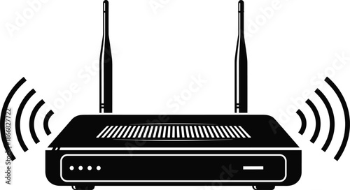 Wireless internet router icon with dual antennas, modern wifi network modem device, black flat vector illustration isolated on white background