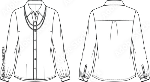 Women’s blouse fashion sketch, button placket, mandarin collar, gathered sleeve tab, necklace detail, yoke pleat, cad drawing flat vector illustration