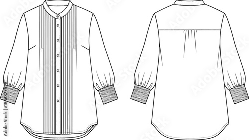 Women’s blouse fashion sketch, mandarin collar, pintuck front, cuffed sleeve, yoke pleat, curved hem, cad drawing flat vector illustration