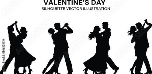 Valentine couple dance vector illustration, romantic silhouette artwork, black and white love design, elegant pose clipart, formal attire graphic