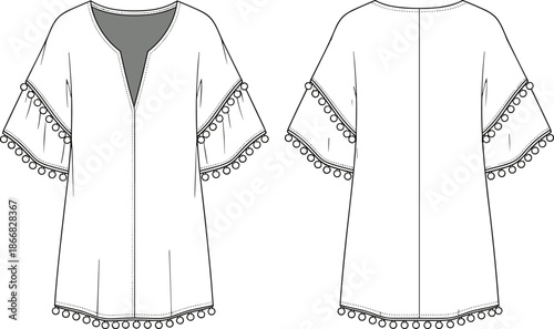 Womens tunic dress technical sketch, front back view fashion apparel design template, cad drawing flat vector illustration
