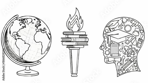 A collection of symbolic illustrations representing global unity, knowledge, and innovation