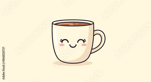 Adorable cream-colored mug character with a happy smiling face and pink cheeks representing a cheerful morning cup.