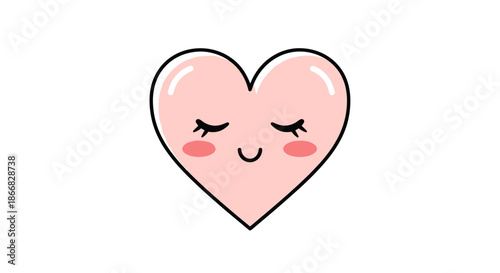 Adorable pink heart character with a happy smiling face, closed eyes, and pink rosy cheeks isolated on a clean white background.