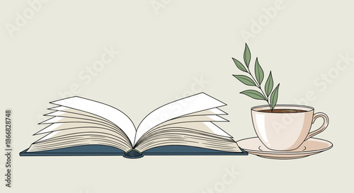 Peaceful scene featuring an open book next to a cup of tea or coffee with a small green sprig on a neutral cream background.