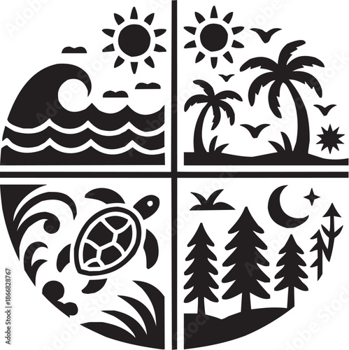 Tropical circle icon set. Vector glyph pictograms of ocean waves, sun, palm tree, moon, circular design, nature mark black silhouette
