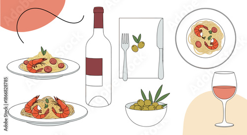 Assorted Italian cuisine elements including plates of shrimp pasta, a bottle of wine, a glass of rose, and a bowl of green olives.