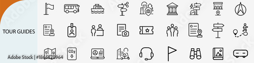 tour guides icon set, travel agency sightseeing and guided trip vector
