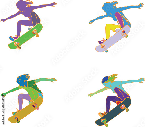 Four Colorful Skateboarders Performing Aerial Tricks