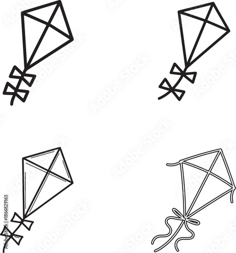 Four kites with bows flying in the sky black and white