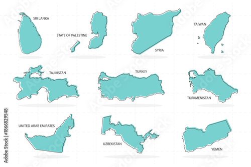 set of line country and shadow in Asia includes sri lanka, palestine, syria, taiwan, tajikistan, turkey, turkmenistan, united arab emirates, uzbekistan, and yemen.