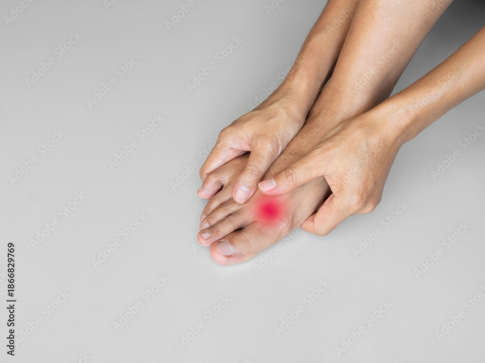Fototapeta premium Sore ankle pain foot woman, sprain feet heel knee sore people chronic joint leg hurt injury bone arthritis skeleton girl accident fitness sport exercise medical care treatment massage, osteoarthritis