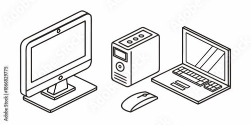 Isometric line drawing displays a desktop computer monitor, system unit, laptop, and mouse isolated on a white background for technology concepts.