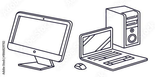 Group of modern computer hardware including a desktop monitor, laptop, and system unit displayed together for technology concepts.