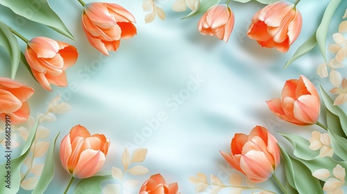 Elegant Floral Illustration with Soft Coral Tulips and Pale Blue Background for Spring or Easter Designs