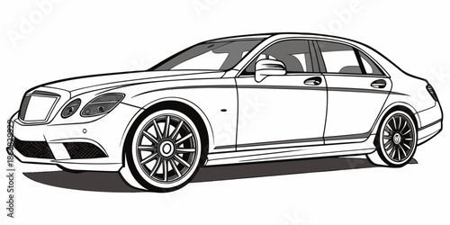 Luxury sedan automobile outline drawing isolated on a white background suitable for coloring book pages or technical schematics.