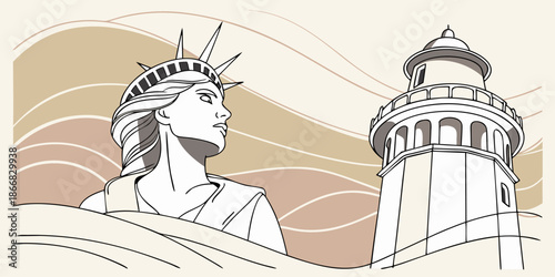 Stylized illustration merges the iconic Statue of Liberty head with a nautical lighthouse structure against wavy backdrop.