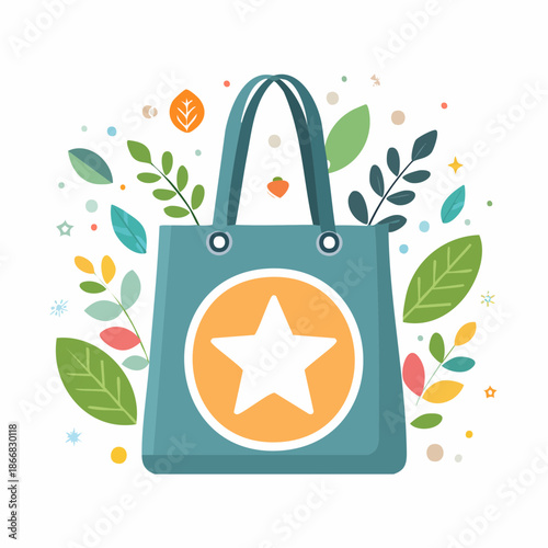 Vibrant vector illustration of an eco-friendly reusable tote bag with a star, surrounded by colorful leaves and abstract shapes, symbolizing sustainable shopping and a green lifestyle