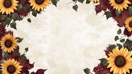 Elegant Sunflower Floral Border with Cream and Burgundy Watercolor Accents