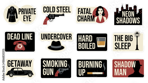 Noir aesthetic sticker set featuring a trench coat, revolver, fedora, classic car, telephone, and text elements in flat vector style