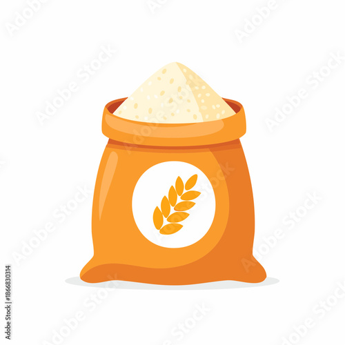 Orange sack filled with finely milled flour, featuring a wheat ear symbol. This illustration represents essential baking ingredients, agricultural harvest, and wholesome food