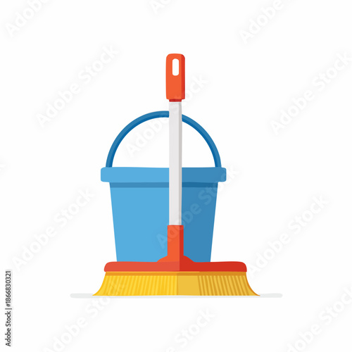 Illustration of a cleaning bucket and broom, symbolizing housekeeping and tidiness