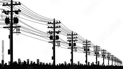 Black and white silhouette illustration of utility poles, power lines, transformers, insulator