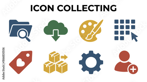 Set of four flat vector icons including a folder with magnifying glass, cloud with download arrow, tag with heart, and stacked boxes with arrow, on a white background.