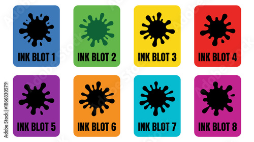 Set of four ink blot art pieces in flat vector style with solid colors, black ink splatters, and bold sans serif uppercase text labels.