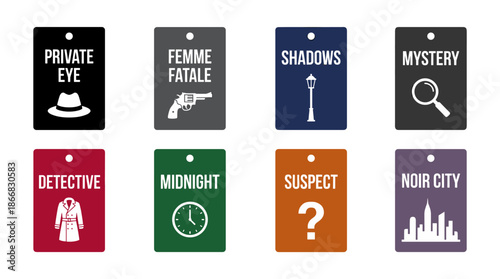 Set of four Noir-themed tags in flat vector style, featuring text and icons: Private Eye with fedora, Femme Fatale with gun, Detective with trench coat, and Midnight with clock