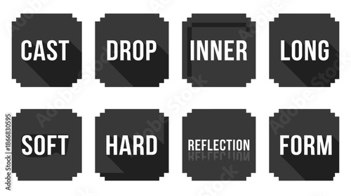 Set of four pixelated shadow labels with the words CAST, DROP, SOFT, and HARD in bold white sans-serif font on dark gray backgrounds.