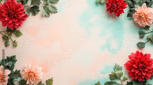 Floral Frame with Dahlias and Soft Peach and Teal Abstract Background