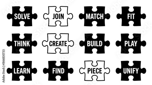 Six puzzle pieces with words Solve, Join, Think, Create, Learn, and Find in a monochrome flat vector style on a white background.