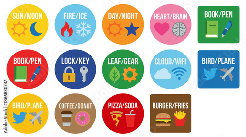 Set of twelve icon stickers with matching illustrations in flat vector style, featuring sun and moon, fire and ice, book and pen, lock and key, bird and plane, and coffee and donut.