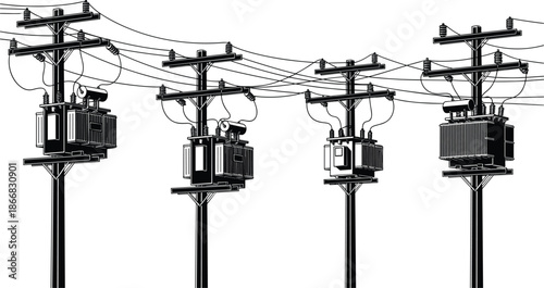 Black and white vector illustration, utility poles with electrical transformers, power lines infrastructure, voltage distribution system, urban engineering, industrial energy network drawing