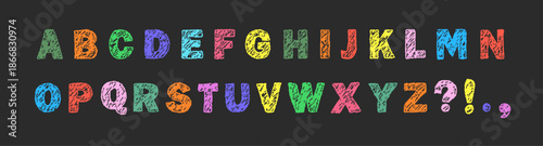 English alphabet crayon. Colorful and fun font with kids handwriting style. Grunge style. Vector illustration.