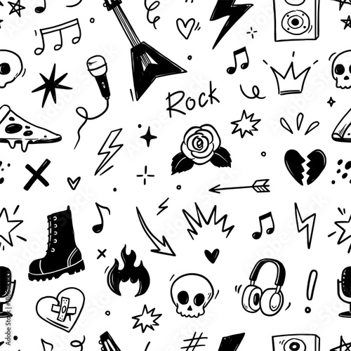 Rock music seamless pattern with guitar, skull, punk symbols. Hand drawn doodle scribbles stickers with stars, roses and love heart for rock music background, tattoo design. Vector illustration