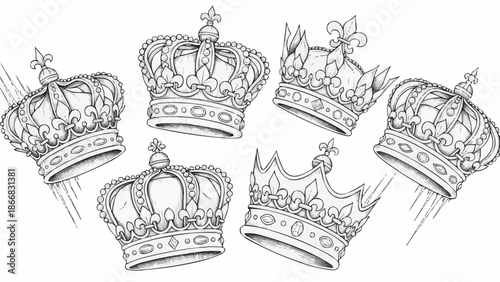 Collection of ornate royal crowns drawn in a sketch style.