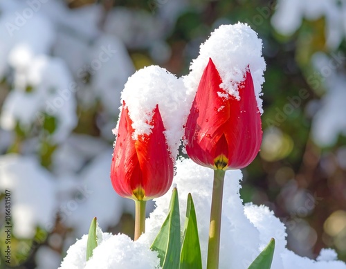 Two vibrant red tulip blossoms are partially covered by fresh, fluffy snow, creating a striking contrast. Green leaves peek out