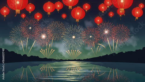 A vibrant illustration of fireworks and red lanterns over a serene body of water at night