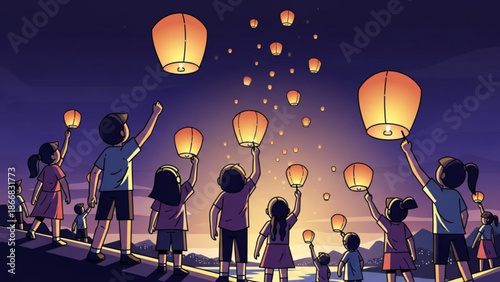 A group of people releasing glowing lanterns into the evening sky