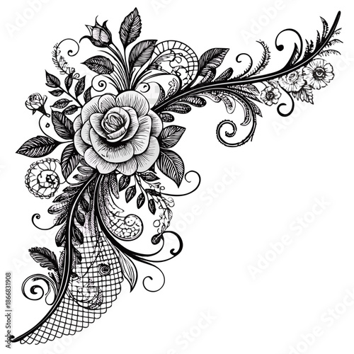 Victorian Floral Corner Ornament Vector Lace Filigree Rose Line Art