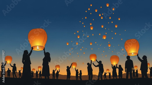 A serene illustration of people releasing glowing lanterns into the evening sky